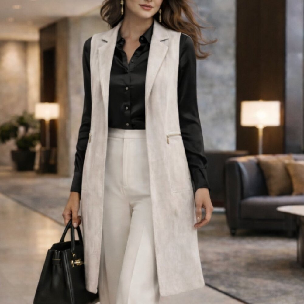 Calvin Klein Faux Suede Open Front Long Vest Duster Cardigan
